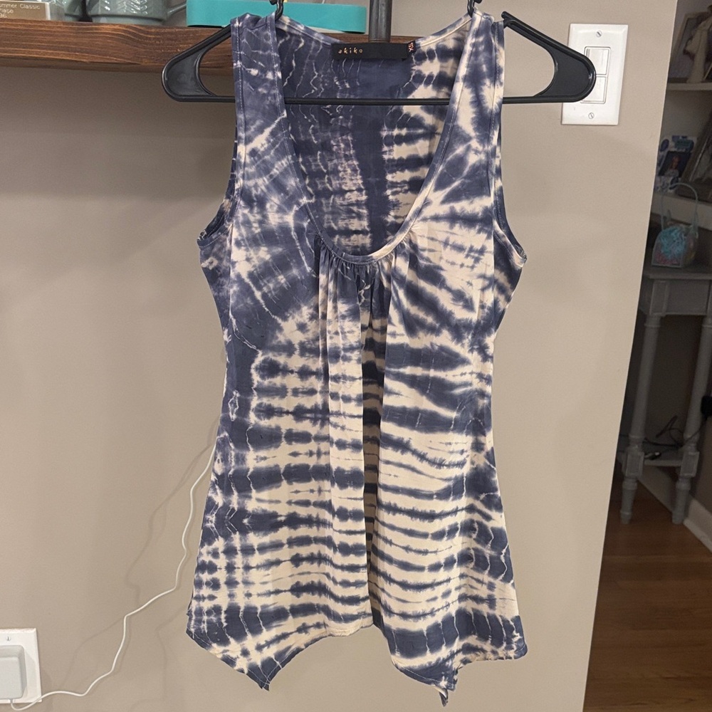 Akiko Anthropologie 100% Silk Tie-Dye Tank Blouse XS Blue & Ivory Boho